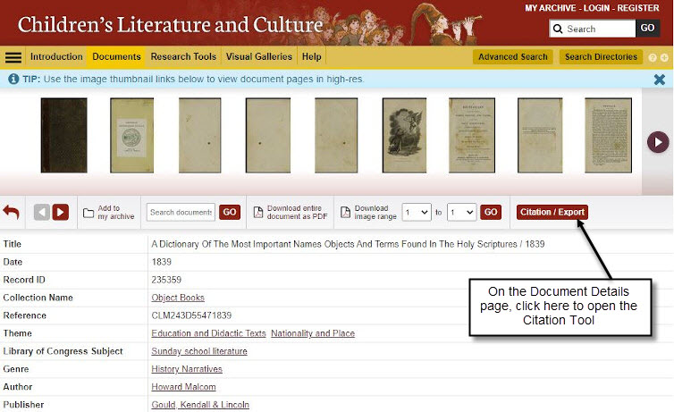 Document details page highlighting the position of the Citation/Export button